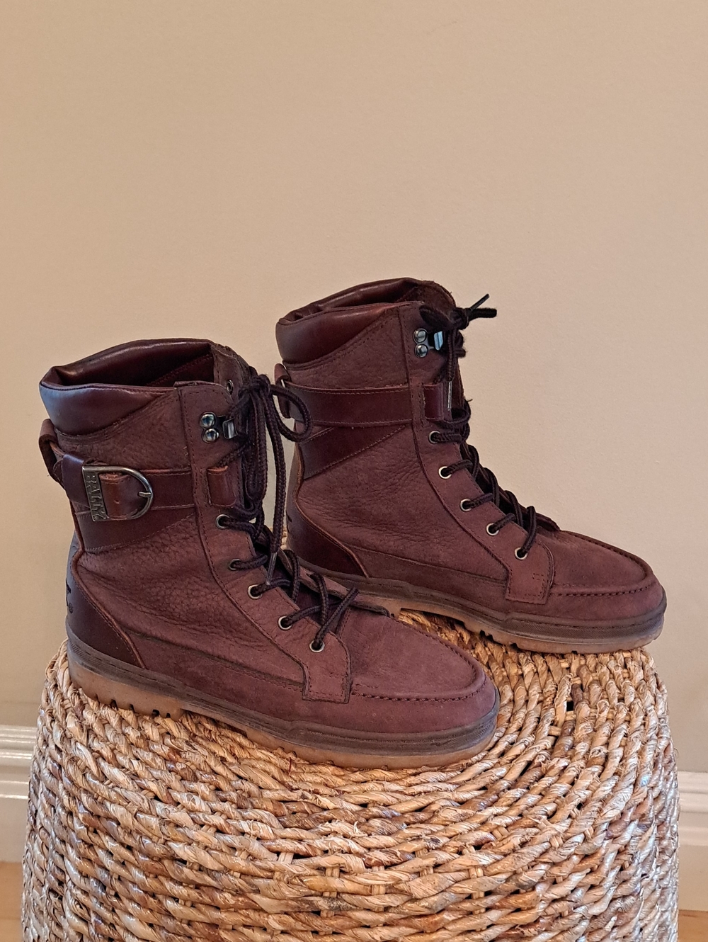 BALLY Mens Trooper Burgundy Brown Lace-Up Leather Combat/Preppy Boots 6.5